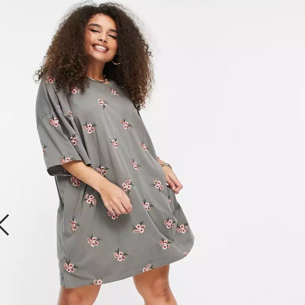 ASOS Design Curve Oversized Tshirt Dress Floral Embroidery Grey